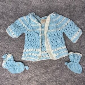 Vintage Handmade Knit Crochet Baby Infant‎ Sweater and booties Outfit Blue